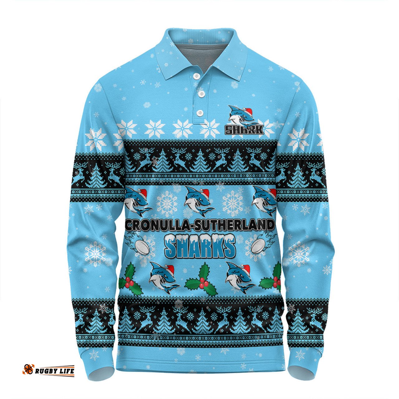 Cronulla-Sutherland Sharks Christmas Custom Long Sleeve Polo Shirt - Special Ugly Christmas Long Sleeve Polo Shirt