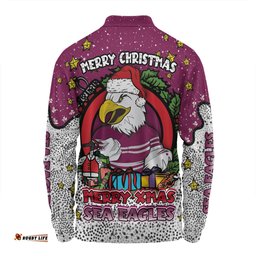 Manly Warringah Sea Eagles Christmas Custom Long Sleeve Polo Shirt - Merry Christmas Our Beloved Team With Aboriginal Dot Art Pattern Long Sleeve Polo Shirt
