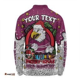Manly Warringah Sea Eagles Christmas Custom Long Sleeve Polo Shirt - Merry Christmas Our Beloved Team With Aboriginal Dot Art Pattern Long Sleeve Polo Shirt