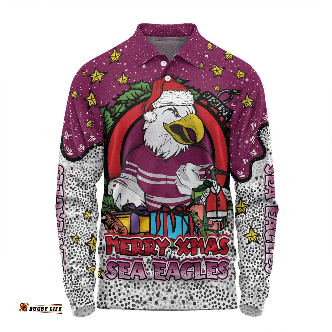 Manly Warringah Sea Eagles Christmas Custom Long Sleeve Polo Shirt - Merry Christmas Our Beloved Team With Aboriginal Dot Art Pattern Long Sleeve Polo Shirt
