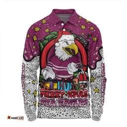 Manly Warringah Sea Eagles Christmas Custom Long Sleeve Polo Shirt - Merry Christmas Our Beloved Team With Aboriginal Dot Art Pattern Long Sleeve Polo Shirt