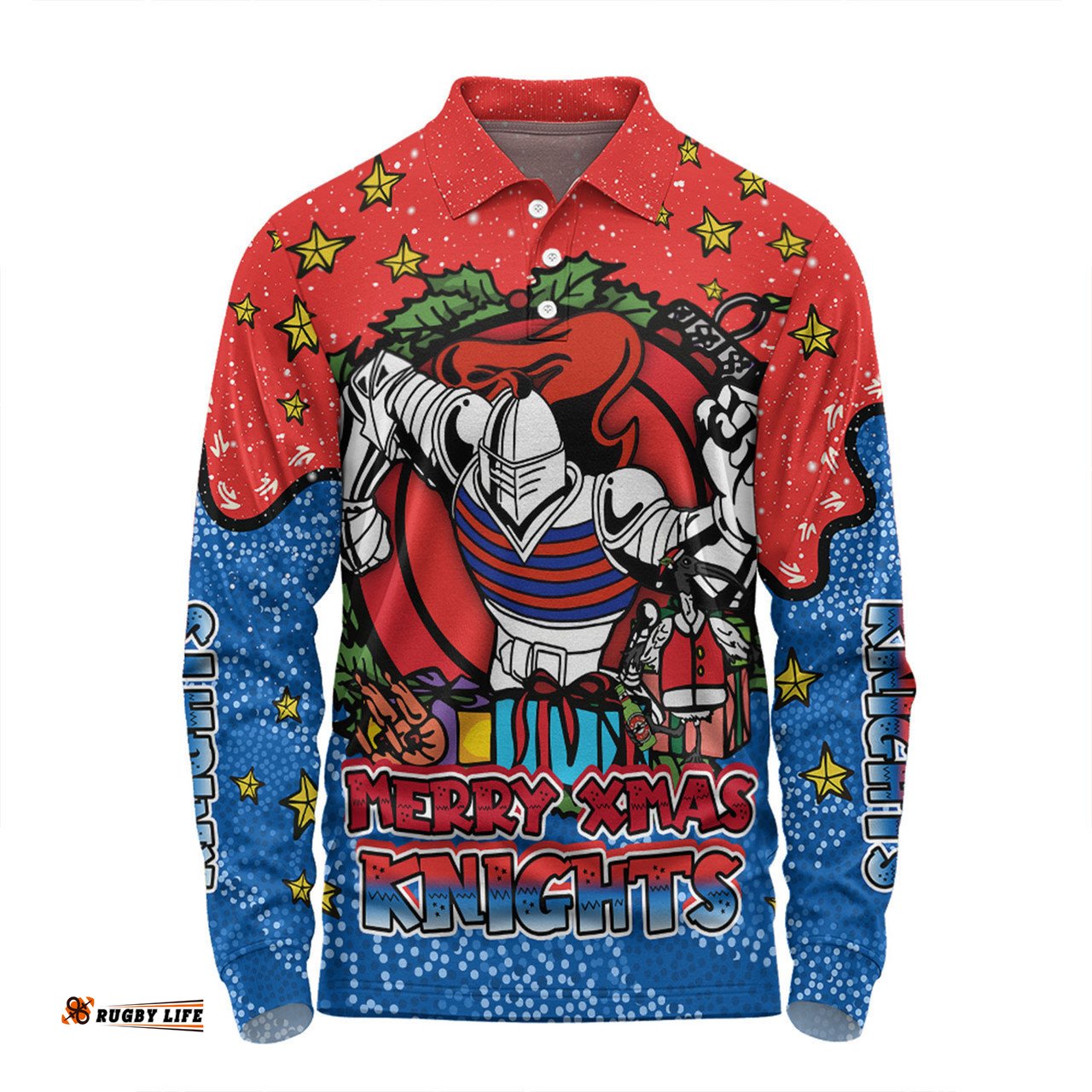 Newcastle Knights Christmas Custom Long Sleeve Polo Shirt - Merry Christmas Our Beloved Team With Aboriginal Dot Art Pattern Long Sleeve Polo Shirt
