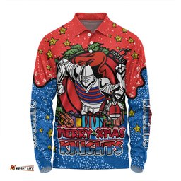 Newcastle Knights Christmas Custom Long Sleeve Polo Shirt - Merry Christmas Our Beloved Team With Aboriginal Dot Art Pattern Long Sleeve Polo Shirt
