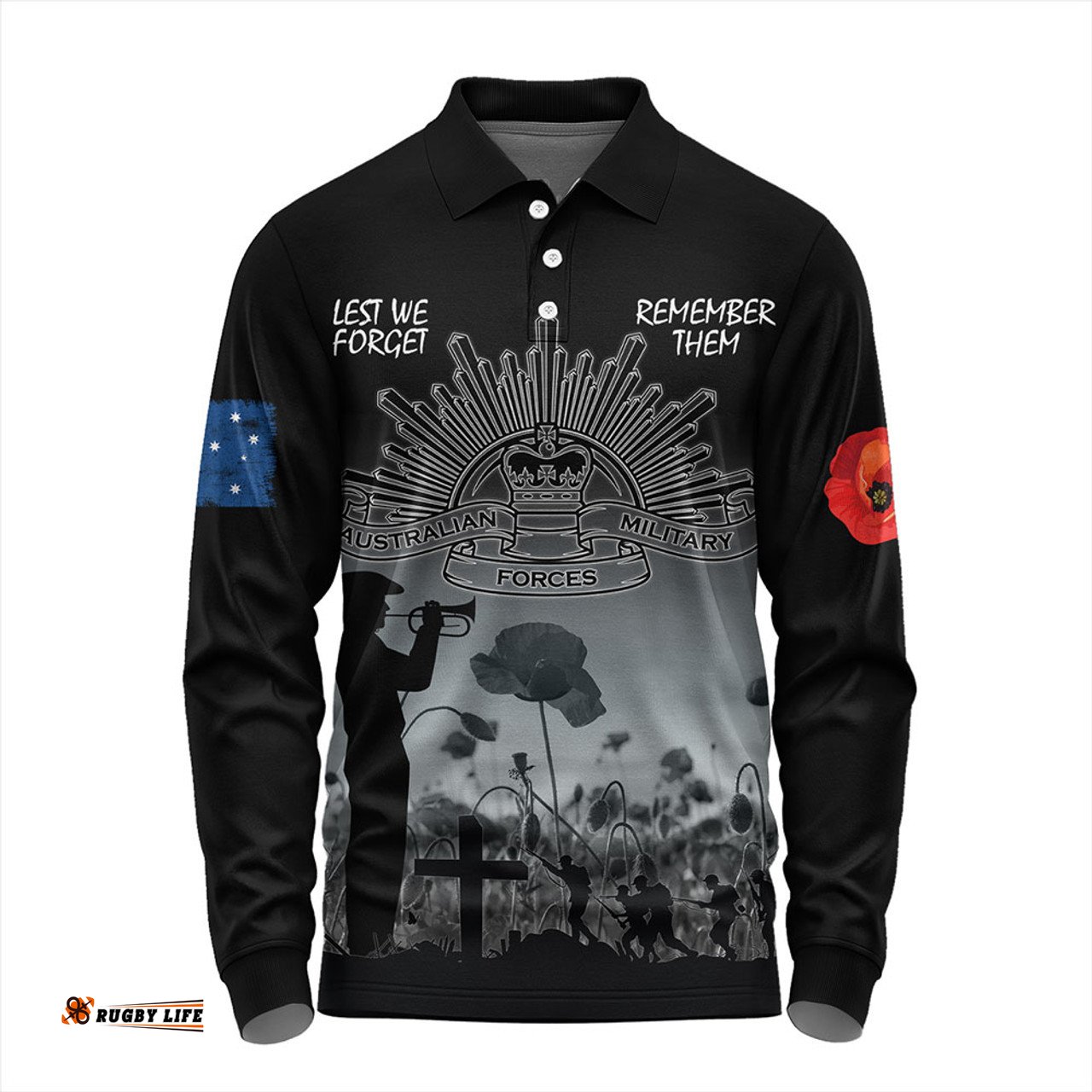 Amazing Aussie Australia Anzac Day Lest We Forget Black Long Sleeve Polo Shirt