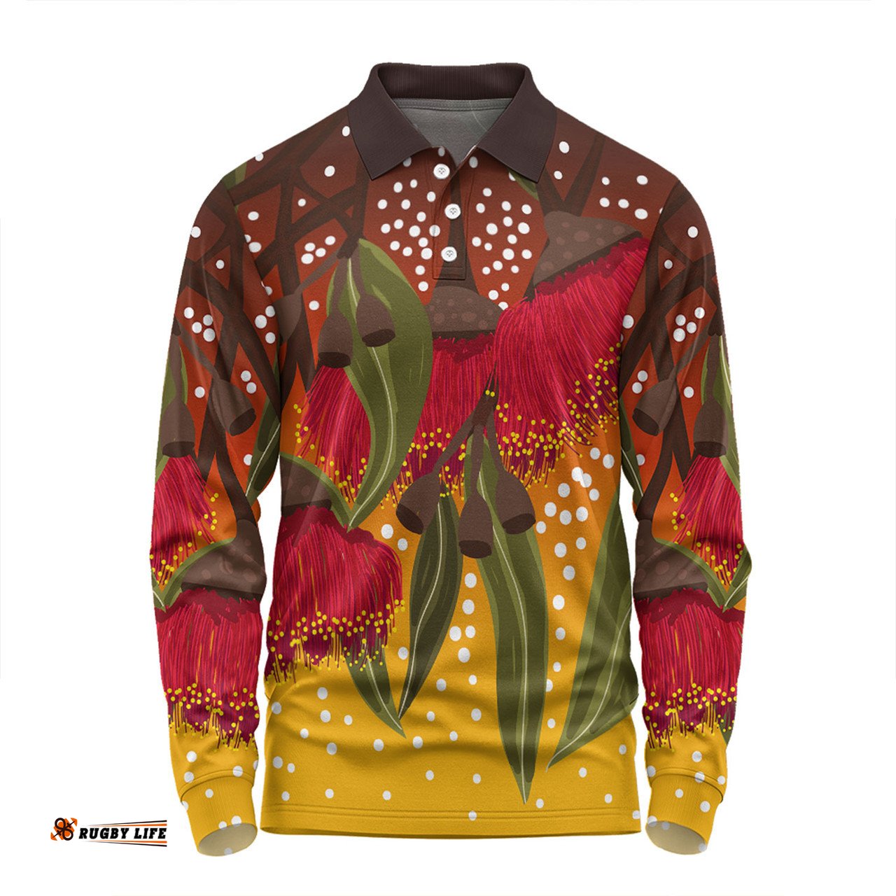 Amazing Aussie Australia Aboriginal Red Eucalyptus Aboriginal Dot Art Long Sleeve Polo Shirt