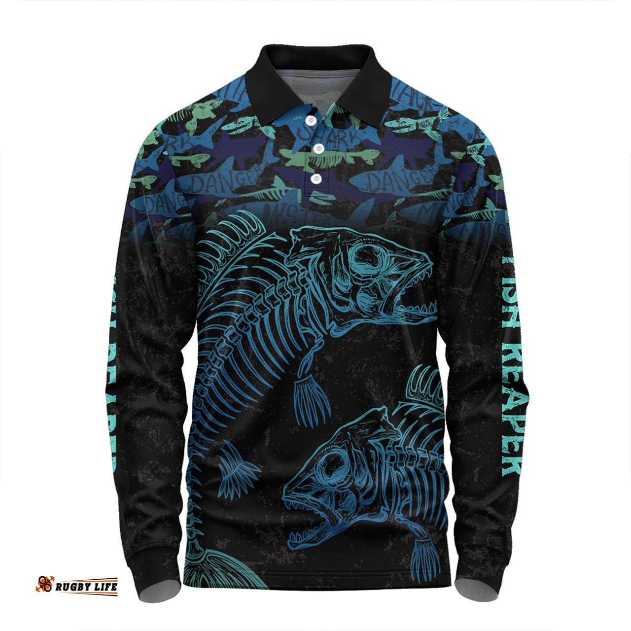 Amazing Aussie Australia Fishing Custom Fish Reaper Fish Skeleton Blue Long Sleeve Polo Shirt
