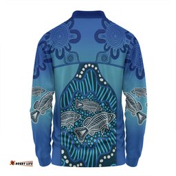 Amazing Aussie Australia Aboriginal Custom Blue Aboriginal Dot With Fish Long Sleeve Polo Shirt