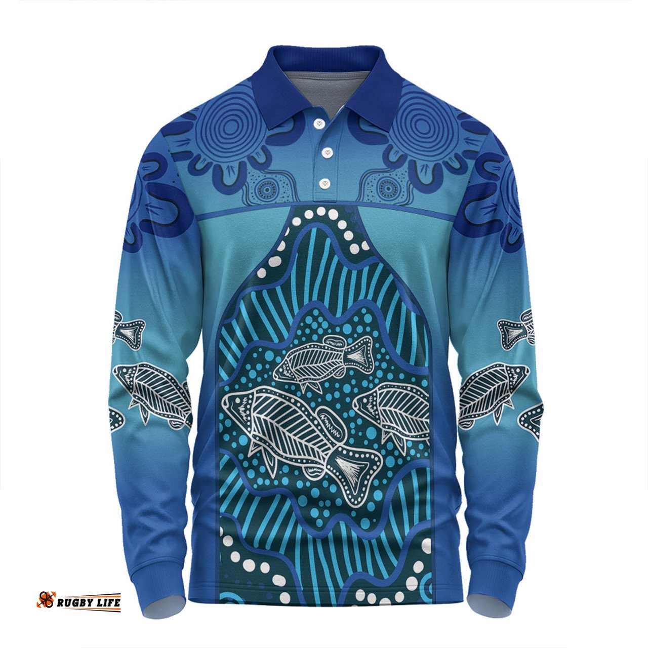 Amazing Aussie Australia Aboriginal Custom Blue Aboriginal Dot With Fish Long Sleeve Polo Shirt