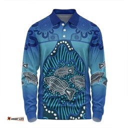 Amazing Aussie Australia Aboriginal Custom Blue Aboriginal Dot With Fish Long Sleeve Polo Shirt
