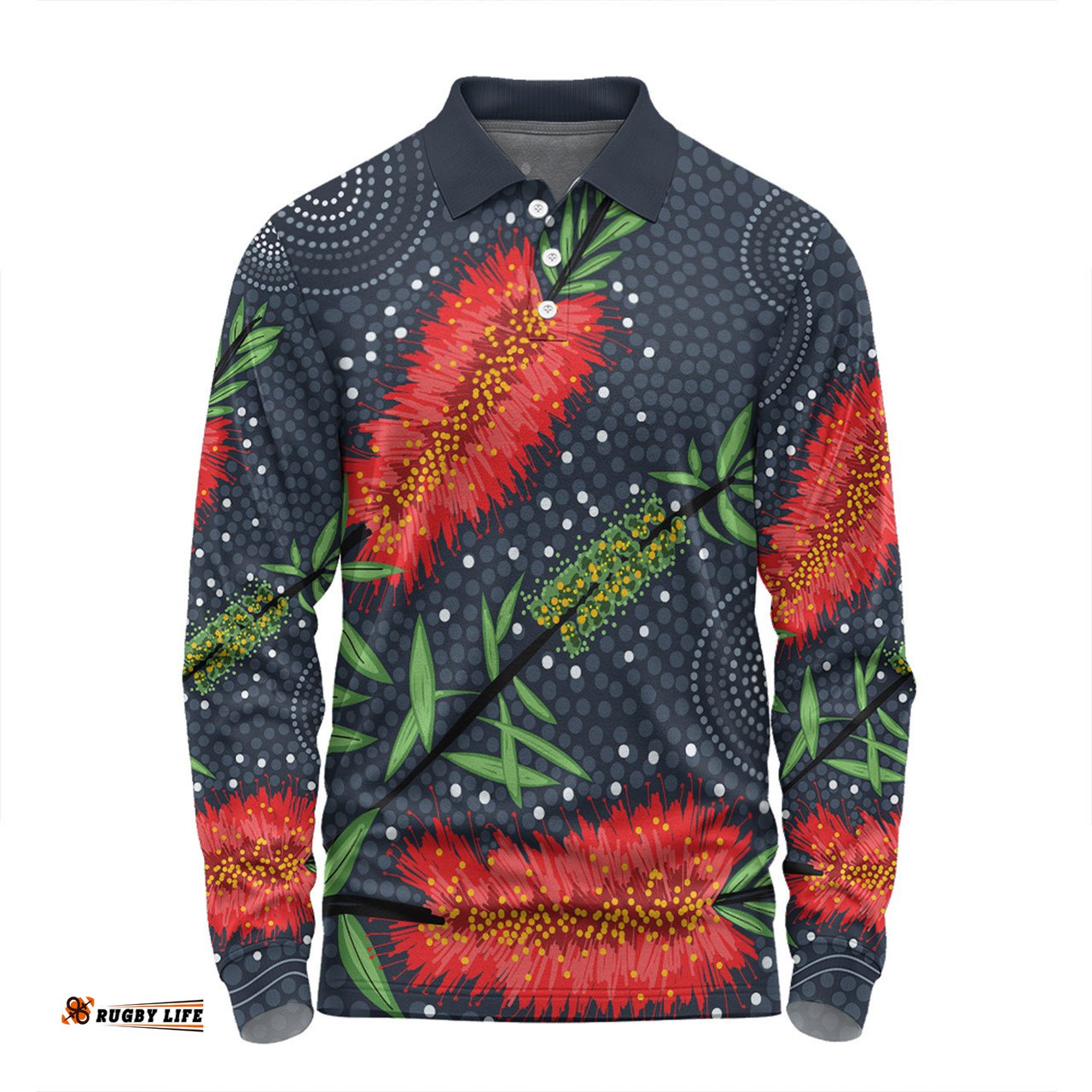 Amazing Aussie Australia Flowers Aboriginal Red Bottle Brush Tree Depicted In Aboriginal Style Long Sleeve Polo Shirt