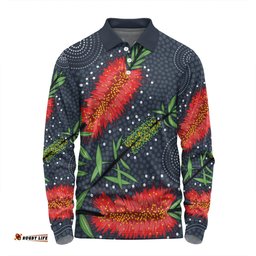 Amazing Aussie Australia Flowers Aboriginal Red Bottle Brush Tree Depicted In Aboriginal Style Long Sleeve Polo Shirt