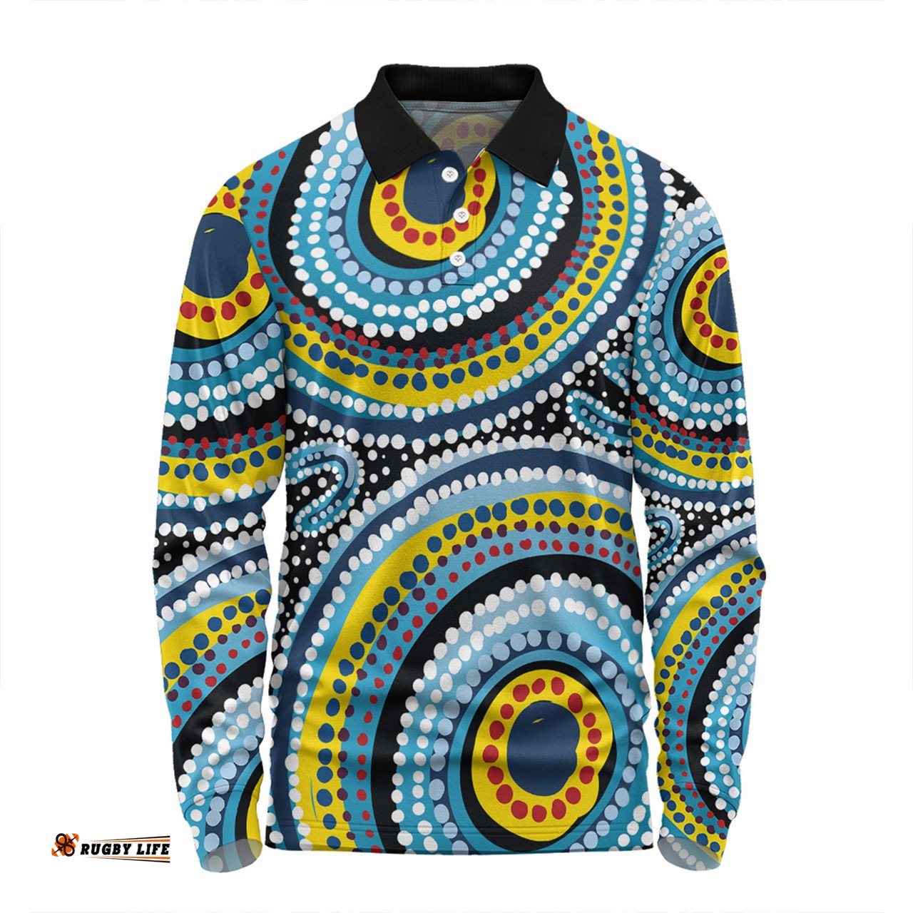 Amazing Aussie Australia Dot Painting Inspired Aboriginal Blue Aboriginal Style Dot Art Long Sleeve Polo Shirt