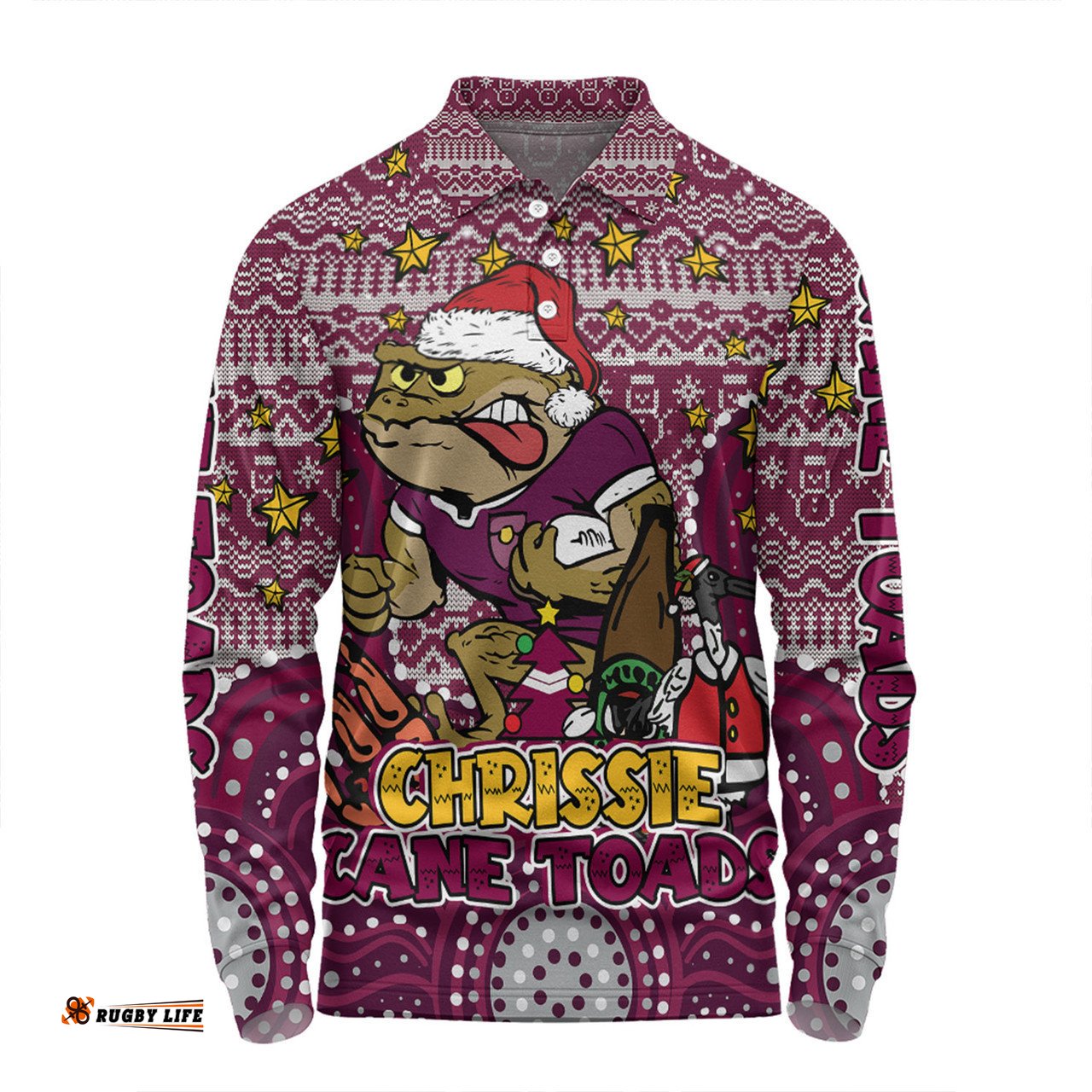 Queensland Cane Toads Christmas Custom Long Sleeve Polo Shirt - Christmas Knit Patterns Vintage Jersey Ugly Long Sleeve Polo Shirt