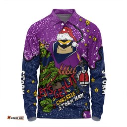 Melbourne Storm Christmas Custom Long Sleeve Polo Shirt - Let's Get Lit Chrisse Pressie Long Sleeve Polo Shirt