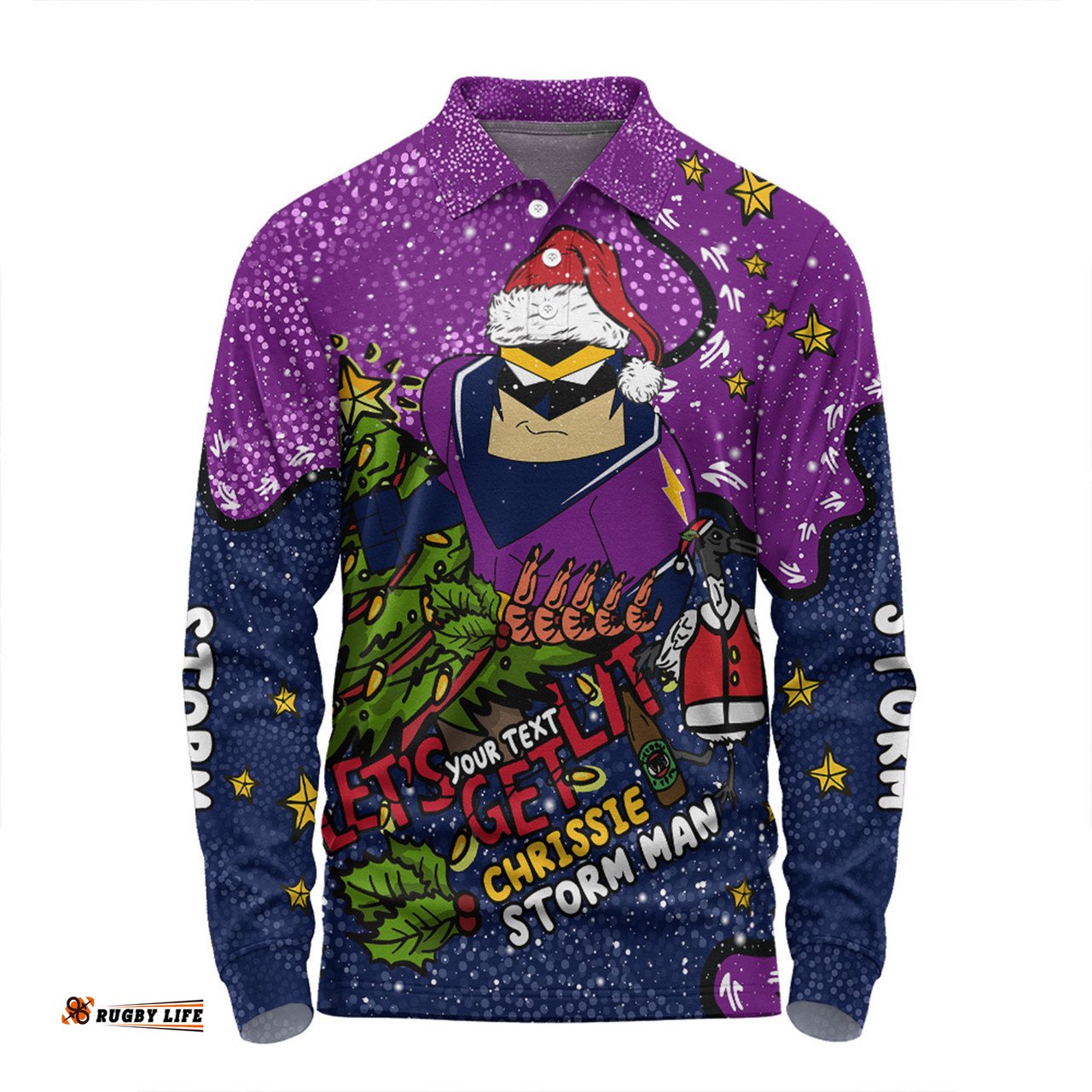 Melbourne Storm Christmas Custom Long Sleeve Polo Shirt - Let's Get Lit Chrisse Pressie Long Sleeve Polo Shirt