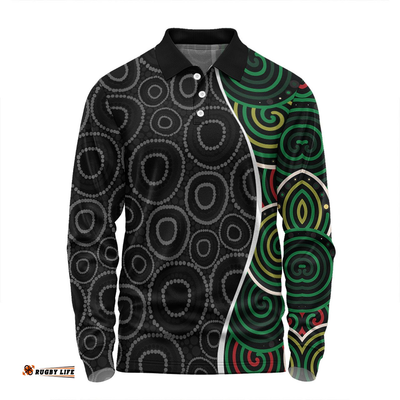 Amazing Aussie Australia Aboriginal Green Dot Art Circle Pattern From Aboriginal Art Long Sleeve Polo Shirt