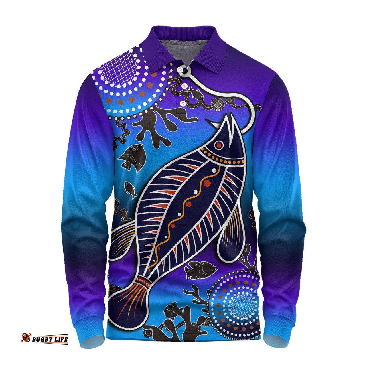 Amazing Aussie Australia Fishing Aboriginal Fishing Custom Hooked On Fishing With Aboriginal Patterns Long Sleeve Polo Shirt