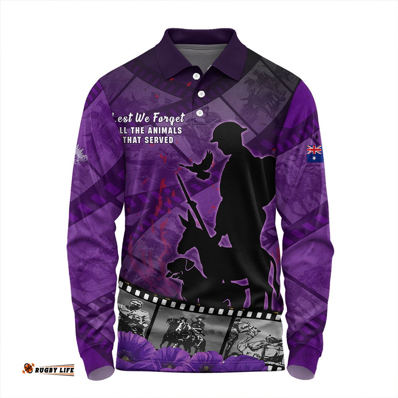 Amazing Aussie Australia Anzac Day Lest We Forget Historical Footage Of Animals Long Sleeve Polo Shirt