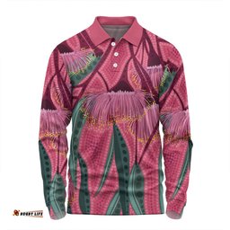 Amazing Aussie Australia Flowers Aboriginal Aboriginal Dot Art Of Australian Native Eucalyptus Tree Branch Long Sleeve Polo Shirt
