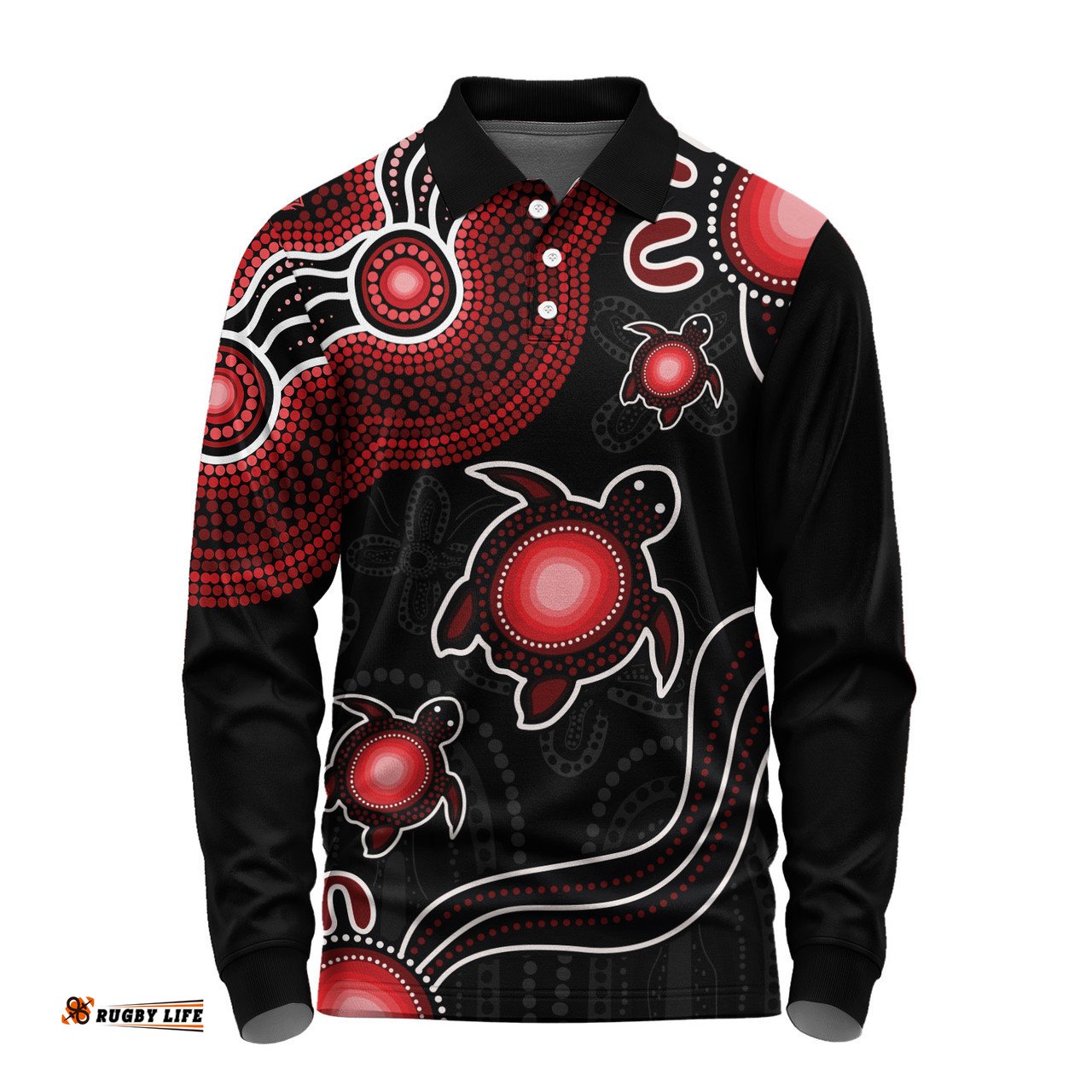 Amazing Aussie Australia Aboriginal Turtle Dreaming Journey Featuring Dot Art Red Long Sleeve Polo Shirt