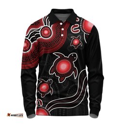 Amazing Aussie Australia Aboriginal Turtle Dreaming Journey Featuring Dot Art Red Long Sleeve Polo Shirt