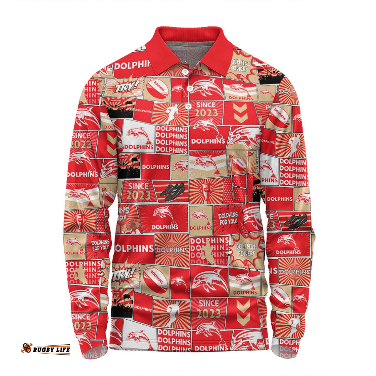 Redcliffe Dolphins Long Sleeve Polo Shirt - Team Of Us Die Hard Fan Supporters Comic Style Long Sleeve Polo Shirt
