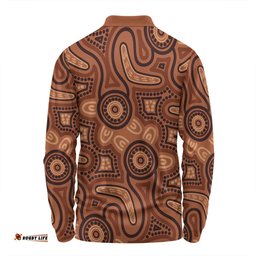 Amazing Aussie Australia Dot Painting Inspired Aboriginal Brown Aboriginal Australian Art With Boomerang Long Sleeve Polo Shirt