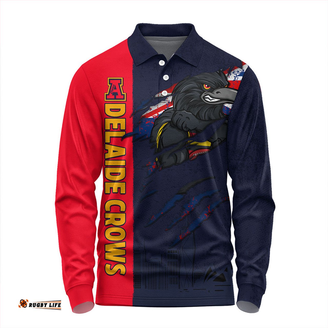 Amazing Aussie Adelaide Crows Burning Passion Of Power Scratch Style Long Sleeve Polo Shirt