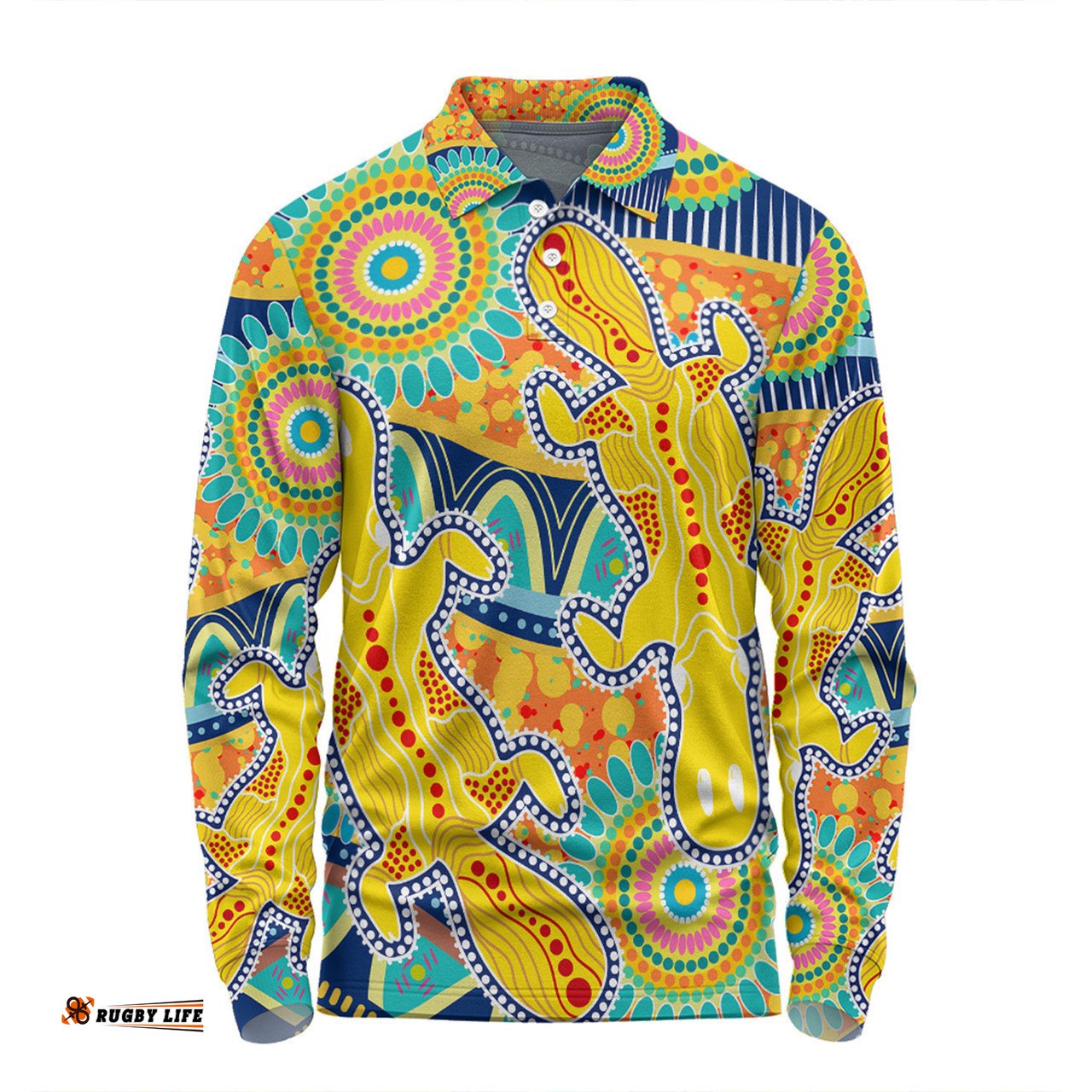 Australia Platypus Aboriginal Long Sleeve Polo Shirt - Yellow Platypus With Aboriginal Art Dot Painting Patterns Inspired Long Sleeve Polo Shirt