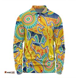 Australia Platypus Aboriginal Long Sleeve Polo Shirt - Yellow Platypus With Aboriginal Art Dot Painting Patterns Inspired Long Sleeve Polo Shirt