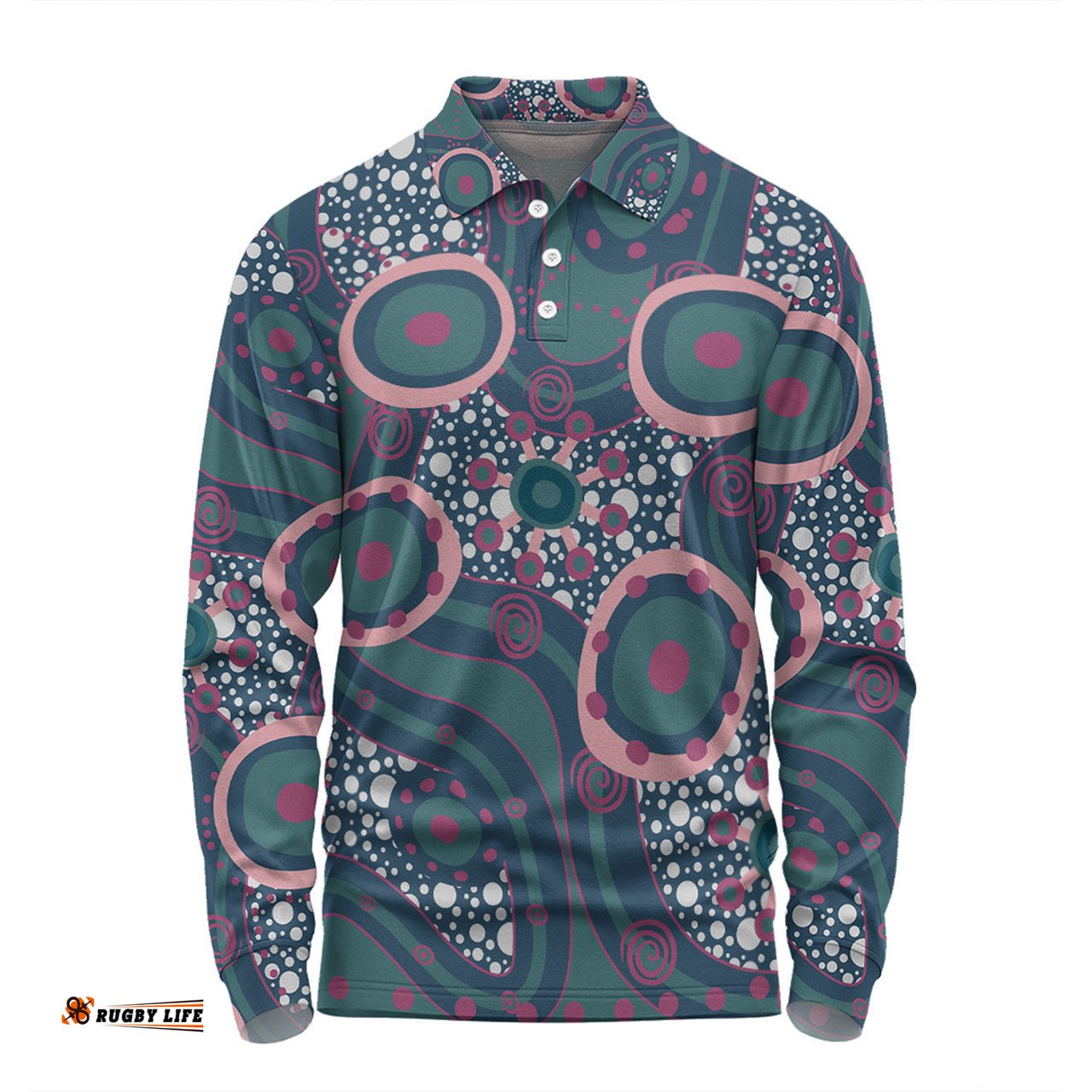 Australia Aboriginal Long Sleeve Polo Shirt - Green Aboriginal Dot Art Inspired Long Sleeve Polo Shirt