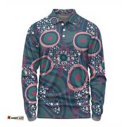 Australia Aboriginal Long Sleeve Polo Shirt - Green Aboriginal Dot Art Inspired Long Sleeve Polo Shirt