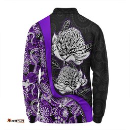Australia  Warratah Goanna Aboriginal Long Sleeve Polo Shirt - Waratah Flowers With Purple Lizards, Stones, Sand Dot Art Painting Inspired Long Sleeve Polo Shirt