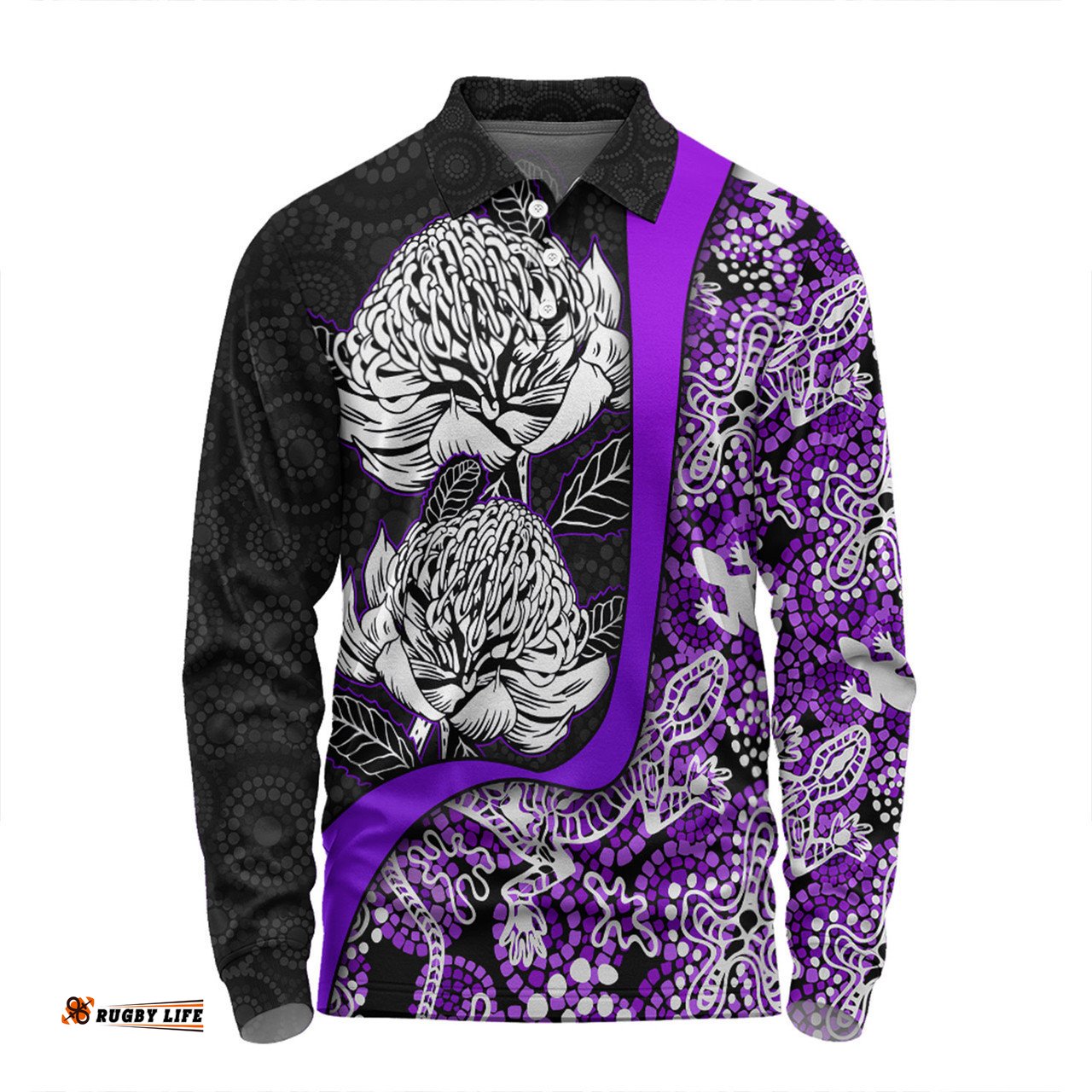 Australia  Warratah Goanna Aboriginal Long Sleeve Polo Shirt - Waratah Flowers With Purple Lizards, Stones, Sand Dot Art Painting Inspired Long Sleeve Polo Shirt