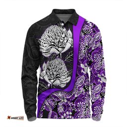 Australia  Warratah Goanna Aboriginal Long Sleeve Polo Shirt - Waratah Flowers With Purple Lizards, Stones, Sand Dot Art Painting Inspired Long Sleeve Polo Shirt