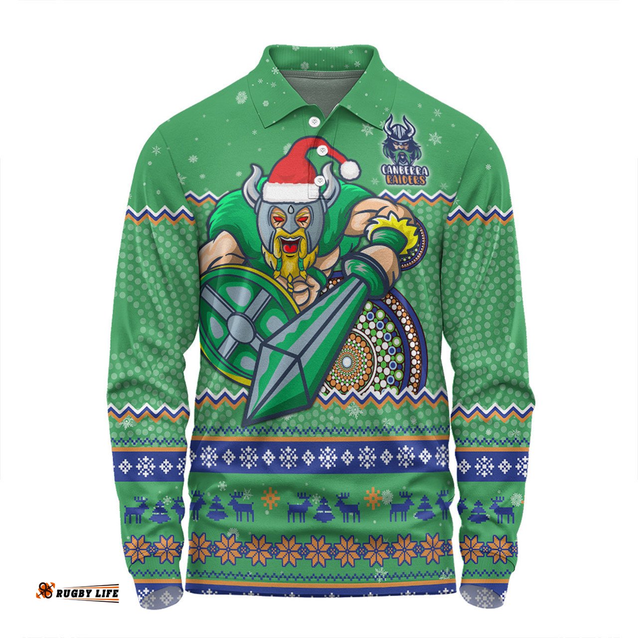 Canberra Raiders Christmas Custom Long Sleeve Polo Shirt - Ugly Xmas And Aboriginal Patterns For Die Hard Fan Long Sleeve Polo Shirt