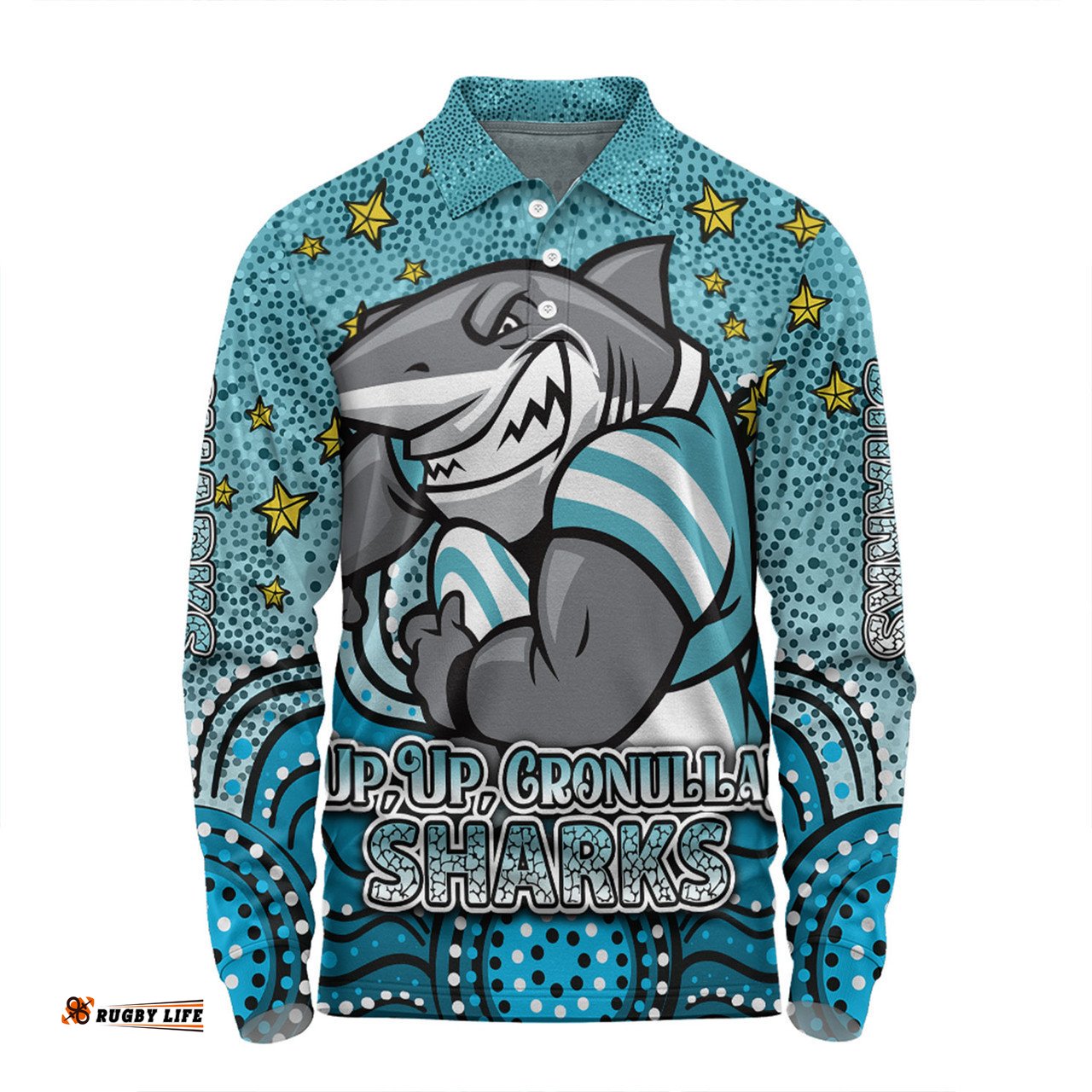 Cronulla-Sutherland Sharks Custom Long Sleeve Polo Shirt - Custom With Aboriginal Inspired Style Of Dot Painting Patterns  Long Sleeve Polo Shirt
