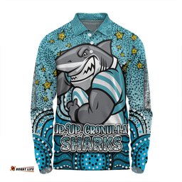 Cronulla-Sutherland Sharks Custom Long Sleeve Polo Shirt - Custom With Aboriginal Inspired Style Of Dot Painting Patterns  Long Sleeve Polo Shirt