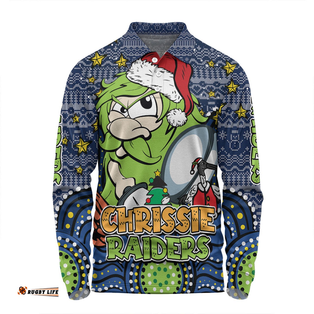 Canberra Raiders Christmas Custom Long Sleeve Polo Shirt - Christmas Knit Patterns Vintage Jersey Ugly Long Sleeve Polo Shirt