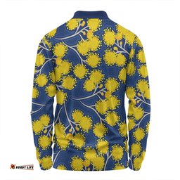 Australia Flowers Aboriginal Long Sleeve Polo Shirt - Yellow Wattle Flowers With Aboriginal Dot Art Long Sleeve Polo Shirt