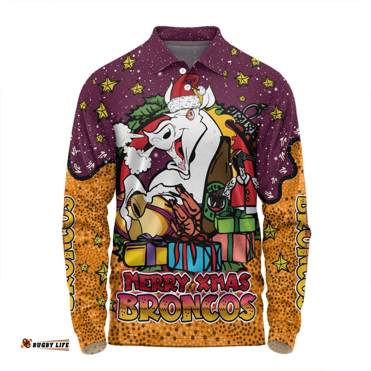 Brisbane Broncos Christmas Custom Long Sleeve Polo Shirt - Merry Christmas Our Beloved Team With Aboriginal Dot Art Pattern Long Sleeve Polo Shirt