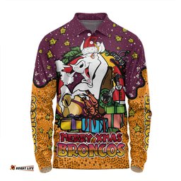 Brisbane Broncos Christmas Custom Long Sleeve Polo Shirt - Merry Christmas Our Beloved Team With Aboriginal Dot Art Pattern Long Sleeve Polo Shirt