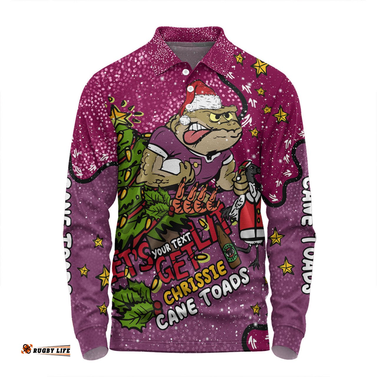 Queensland Cane Toads Christmas Custom Long Sleeve Polo Shirt - Let's Get Lit Chrisse Pressie Long Sleeve Polo Shirt
