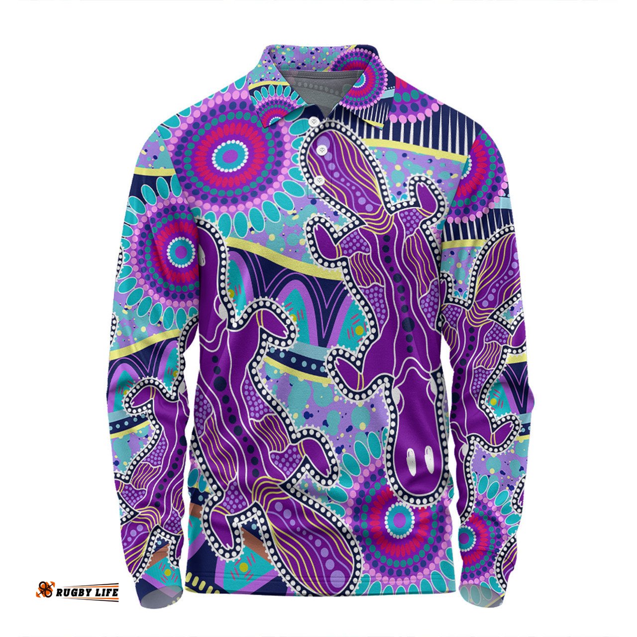 Australia Platypus Aboriginal Long Sleeve Polo Shirt - Purple Platypus With Aboriginal Art Dot Painting Patterns Inspired Long Sleeve Polo Shirt