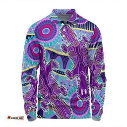 Australia Platypus Aboriginal Long Sleeve Polo Shirt - Purple Platypus With Aboriginal Art Dot Painting Patterns Inspired Long Sleeve Polo Shirt