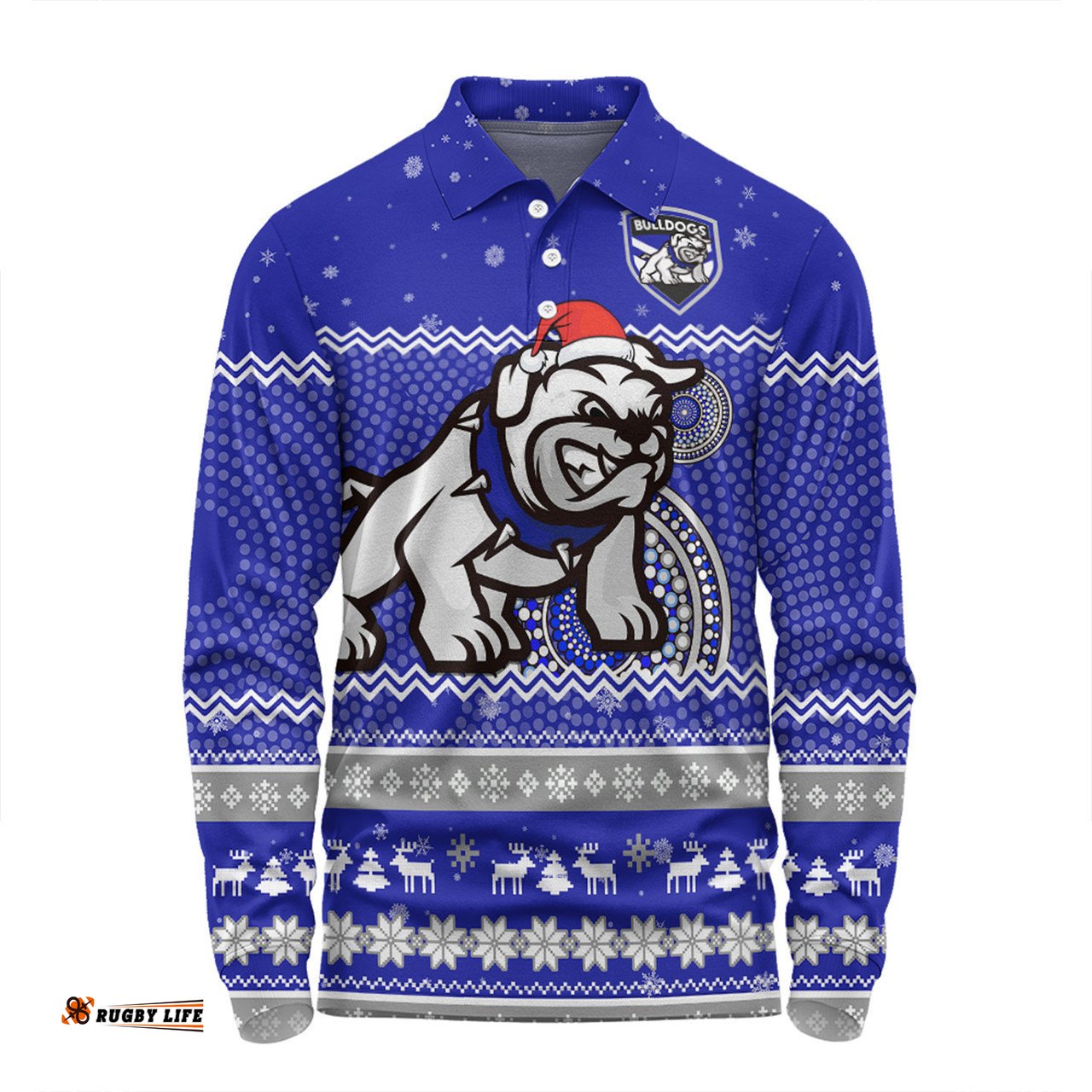 Canterbury-Bankstown Bulldogs Christmas Custom Long Sleeve Polo Shirt - Ugly Xmas And Aboriginal Patterns For Die Hard Fan Long Sleeve Polo Shirt