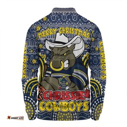 North Queensland Cowboys Christmas Custom Long Sleeve Polo Shirt - Christmas Knit Patterns Vintage Jersey Ugly Long Sleeve Polo Shirt