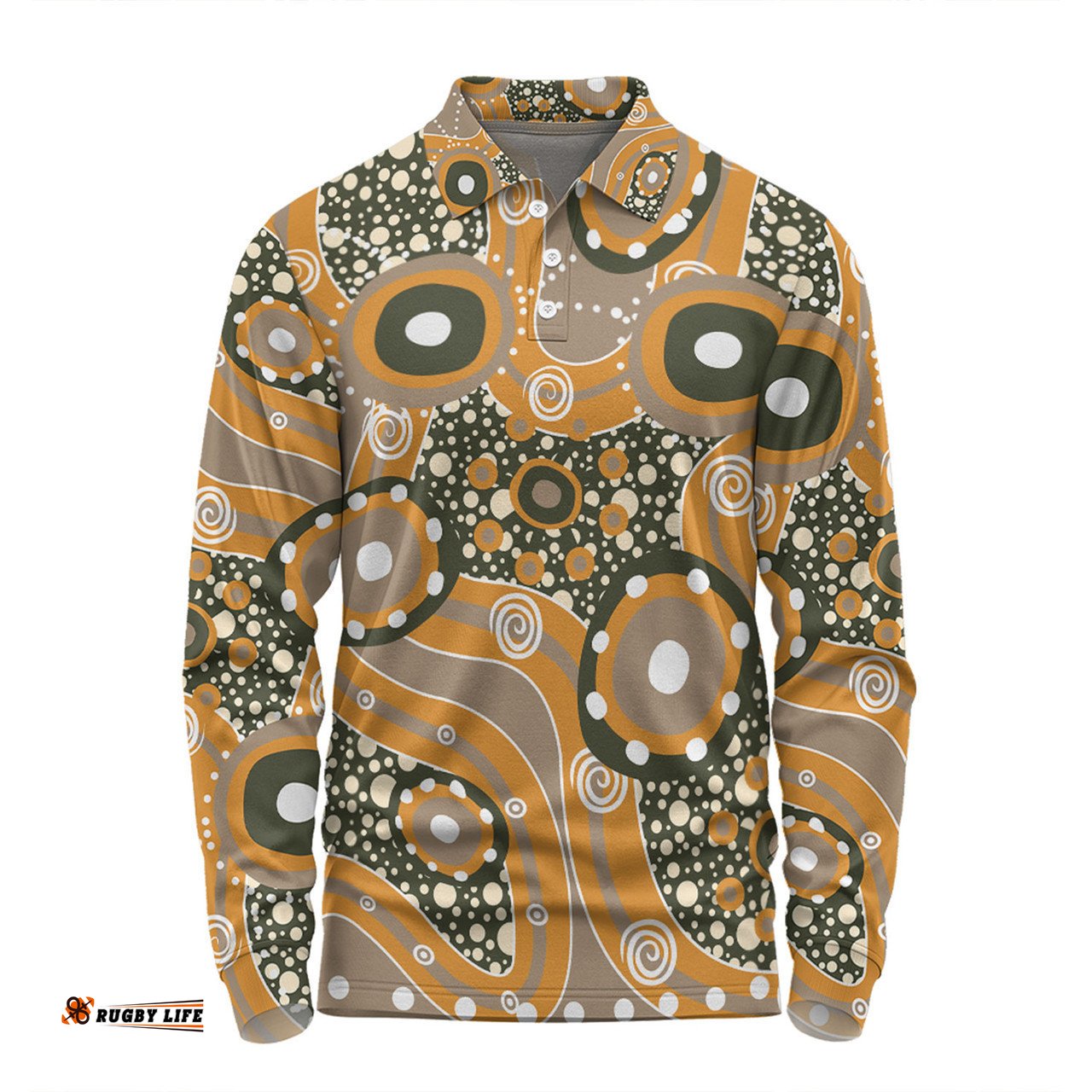 Australia Aboriginal Long Sleeve Polo Shirt - Orange Aboriginal Dot Art Inspired Long Sleeve Polo Shirt
