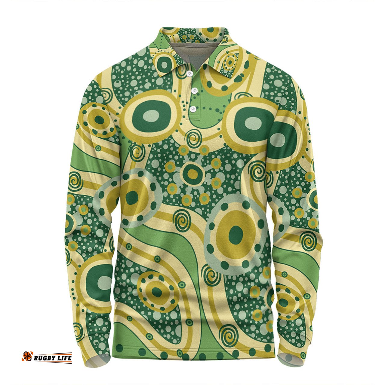 Australia Aboriginal Long Sleeve Polo Shirt - Yellow Aboriginal Dot Art Inspired Long Sleeve Polo Shirt