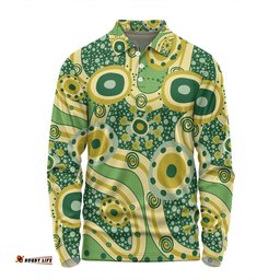 Australia Aboriginal Long Sleeve Polo Shirt - Yellow Aboriginal Dot Art Inspired Long Sleeve Polo Shirt